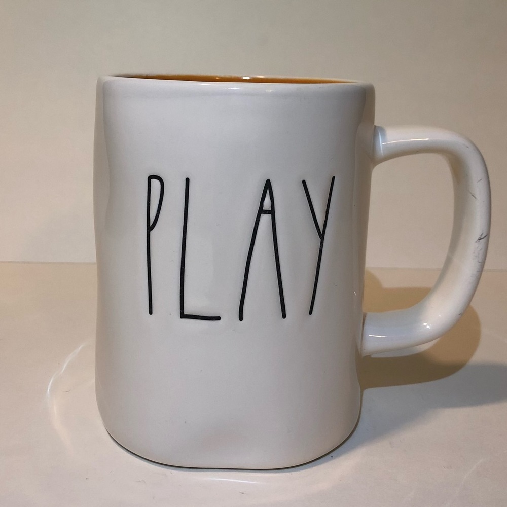 Rae Dunn "PLAY" Coffee Mug Cup White w/ Yellow Inside Ceramic Artisan NEW